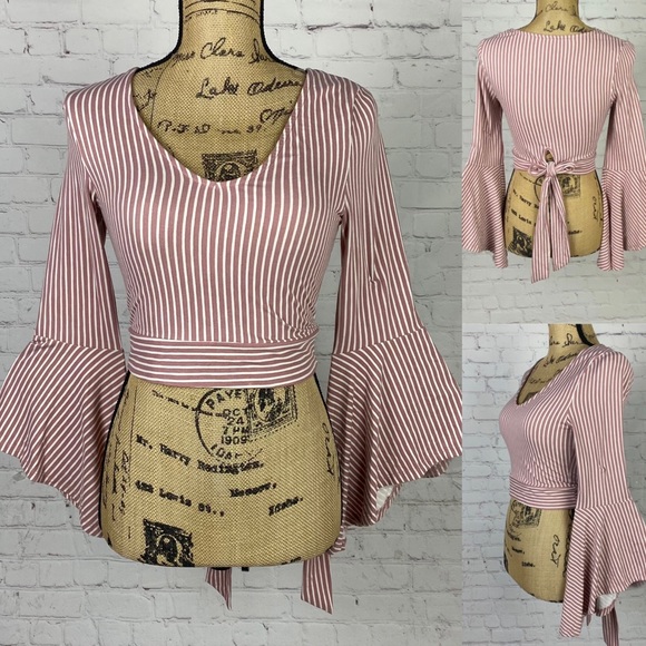 Polly & Esther Striped Bell Sleeve Back Tie Crop Top - Picture 1 of 1